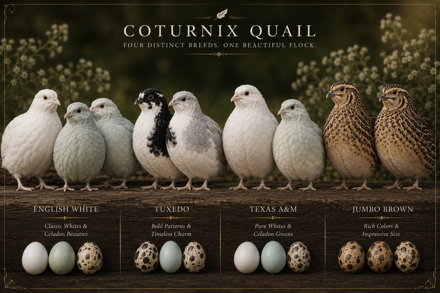 KD Poultry Coturnix quail breeds — English White, Tuxedo, Texas A&M, Jumbo Brown