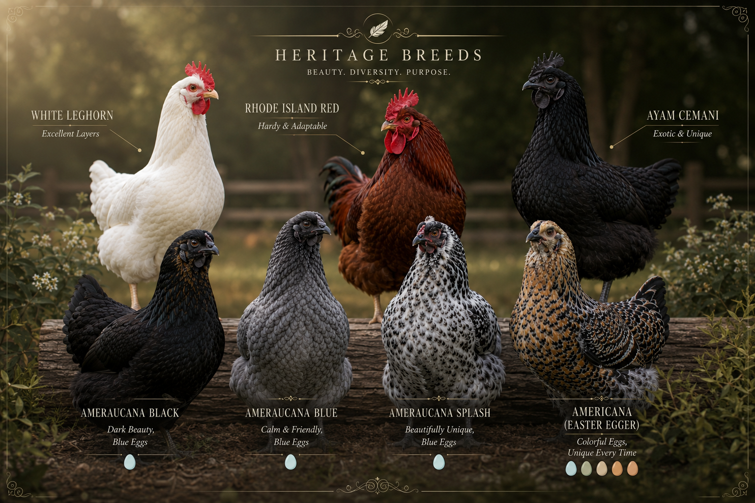 KD Poultry heritage chicken breeds — White Leghorn, Rhode Island Red, Ayam Cemani, Ameraucana, Americana Easter Egger
